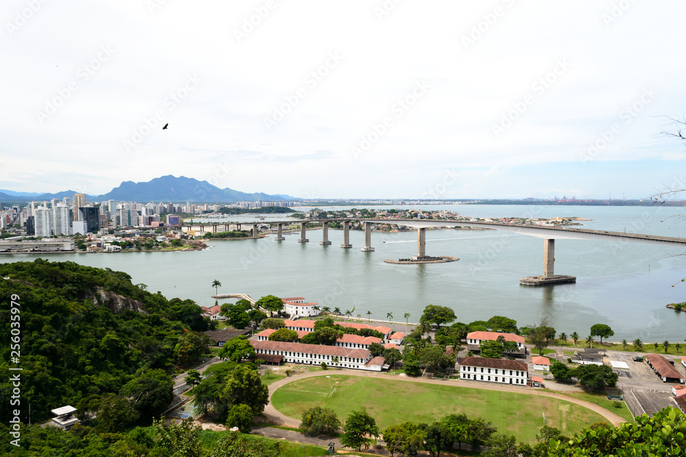 The nice city of Vitoria and its bay in the Espirito Santo state in Brazil seen from the observation point of the Convent of the rock, one of the main attractions of the city