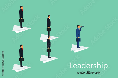 Business leadership and visionary concept. Aspirational business. Concept of vision, mission ambition. Businessman looking with telescope. Vector illustration in flat design