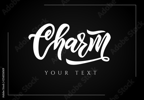 Hand lettering logo Charm on black background. Vector illustration