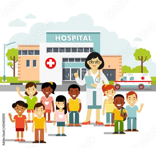 Pediatrician doctor concept. Young woman practitioner and happy children in flat style isolated on white background. Doctor and group of kids standing together on hospital background. Consultation