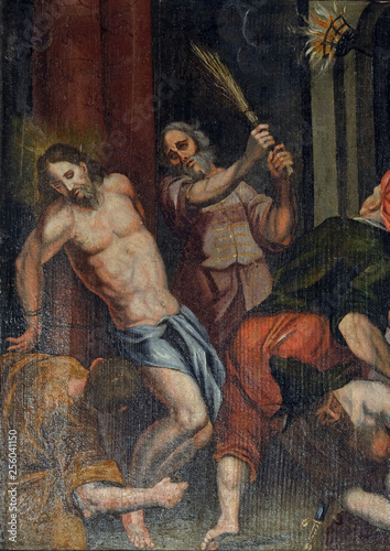 Fotografiet Flagellation of Christ, altarpiece in the Church of the Saint Barbara in Velika