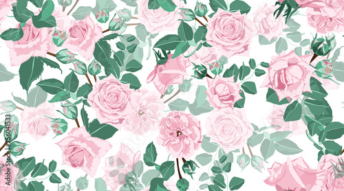 Wallpaper Mural Seamless Floral Rose Pattern with Leaves. Torontodigital.ca