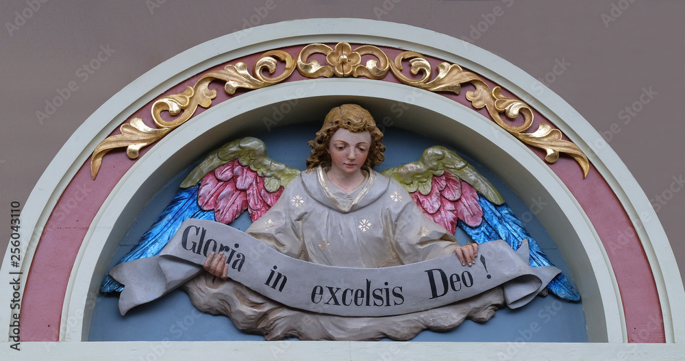 Angel with Gloria in excelsis Deo Banner, Nativity Scene, altarpiece in the church of Saint Matthew in Stitar, Croatia