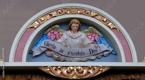 Angel with Gloria in excelsis Deo Banner, Nativity Scene, altarpiece in the church of Saint Matthew in Stitar, Croatia