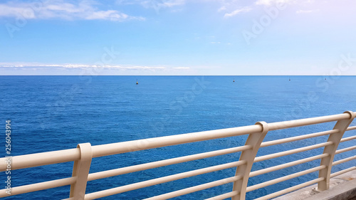 POV of tourist walking on cruise upper deck  clean blue sea  ecology concept