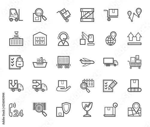 Shipping, flat icons, thin lines, monochrome, vector. Cargo transportation and delivery of goods. Gray outline icons on white background. Vector clip art. 