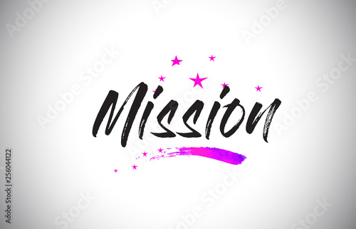 Mission Handwritten Word Font with Vibrant Violet Purple Stars and Confetti Vector.