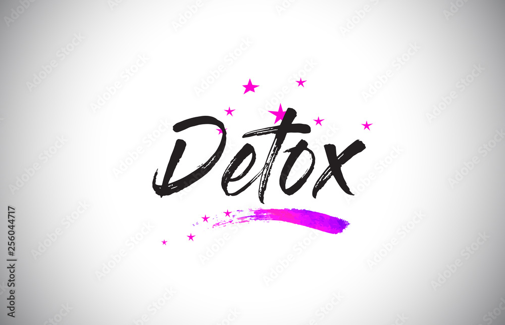 Detox Handwritten Word Font with Vibrant Violet Purple Stars and Confetti Vector.