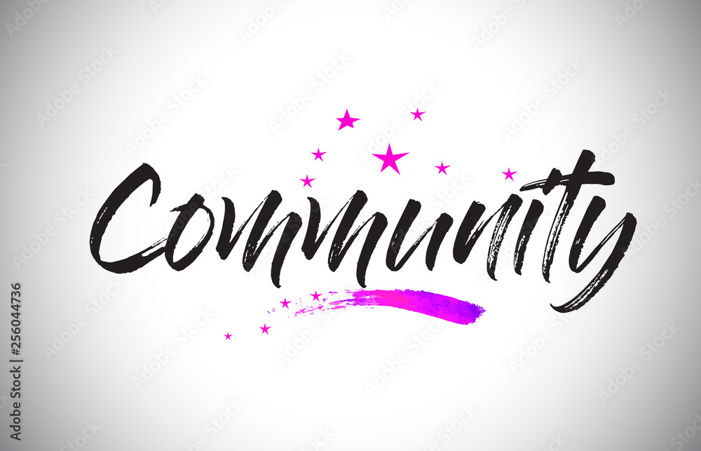 Community Handwritten Word Font with Vibrant Violet Purple Stars and Confetti Vector.