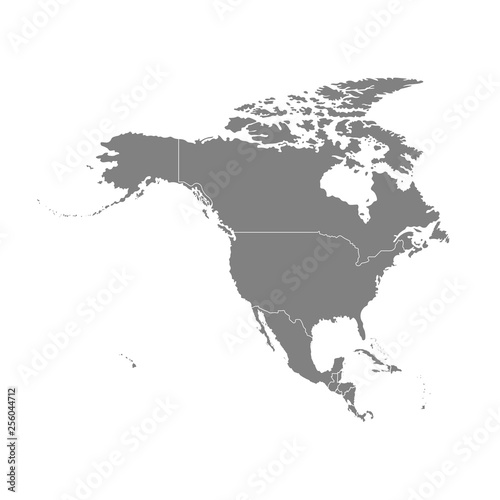 Vector illustration with map of North America continent. Grey silhouettes, white background. 