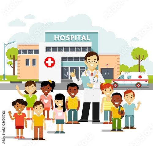 Pediatrician doctor concept. Young man practitioner and happy children in flat style isolated on white background. Doctor and group of kids standing together on hospital background. Consultation