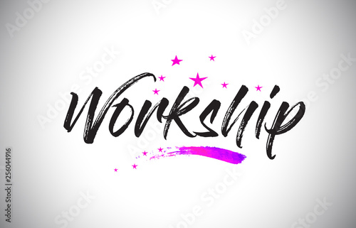Workship Handwritten Word Font with Vibrant Violet Purple Stars and Confetti Vector. photo