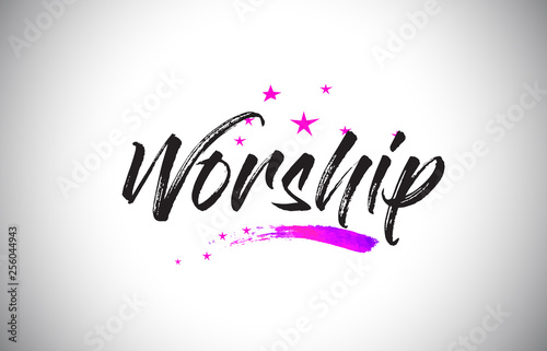 Worship Handwritten Word Font with Vibrant Violet Purple Stars and Confetti Vector.
