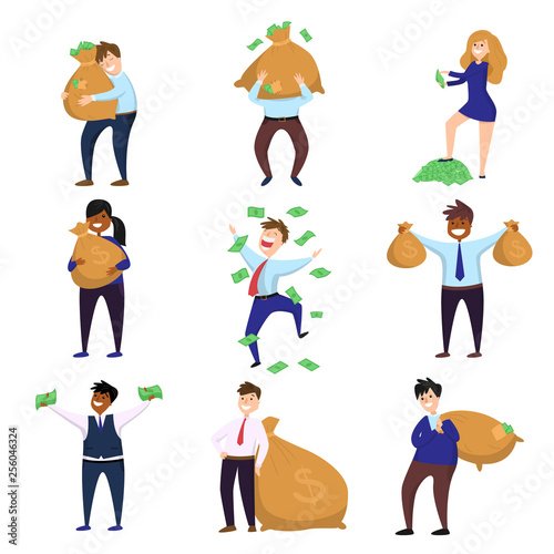 Set of happy millionaire characters enjoying money and wealth isolated on white background