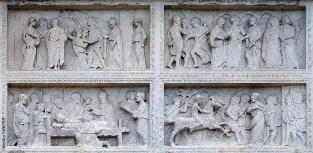 Panel with episodes of the life of St. Geminiano, by Agostino di Duccio of about 1442, Modena Cathedral, Italy Panel with episodes of the life of St. Geminiano, by Agostino di Duccio of about 1442, Modena Cathedral, Italy