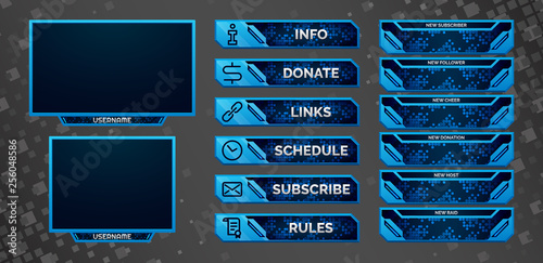Set of blue gaming panels and overlays for cybersport streamers. Alerts and buttons. Twitch facecam, 16:9 and 4:3 screen resolution. Eps10 vector