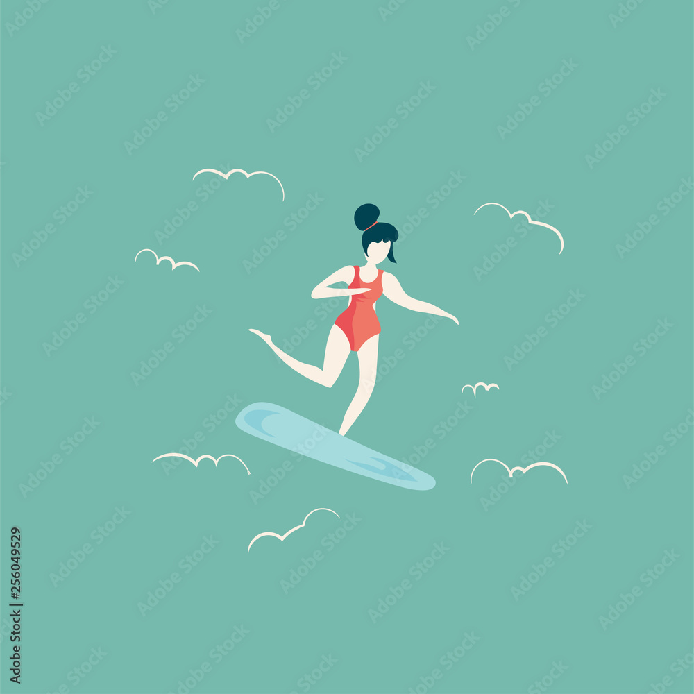 Trendy retro vintage style vector illustration: a surfer woman or surfing wave girl. Summer surfing holidays.