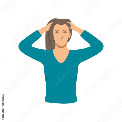 Vector colorful illustration. Neck and head exercises by girl for relax. Head massage by fingers. Creative concept. Blue and grey colors. White background