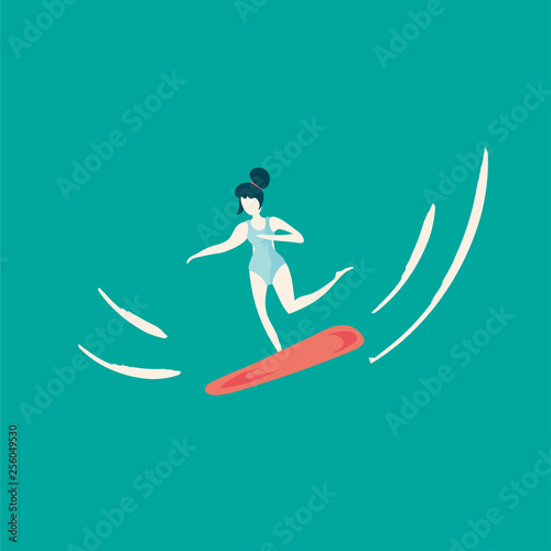 Trendy retro vintage style flat cartoon vector illustration  a surfer woman or surfing wave girl. Summer holidays poster template.