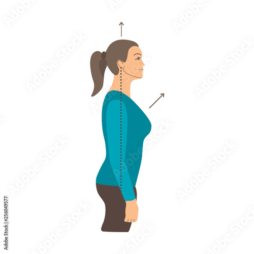 Vector colorful illustration. Neck exercises by girl for relax. Work with back. Correct straight posture. Creative concept. Blue and grey colors. White background