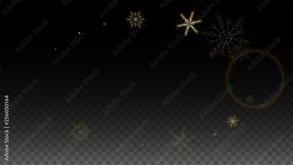 Fototapeta premium Christmas Vector Background with Gold Falling Snowflakes Isolated on Transparent Background. Realistic Snow Sparkle Pattern. Snowfall Overlay Print. Winter Sky. Design for Party Invitation.