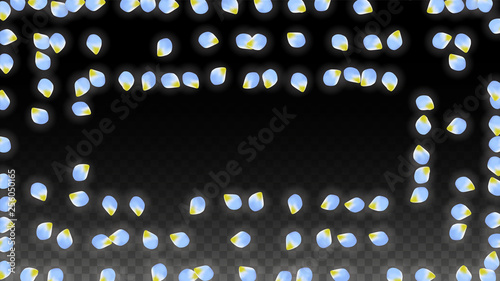 Vector Realistic Blue Petals Falling on Transparent Background.  Spring Romantic Flowers Illustration. Flying Petals. Sakura Spa Design. Blossom Confetti.