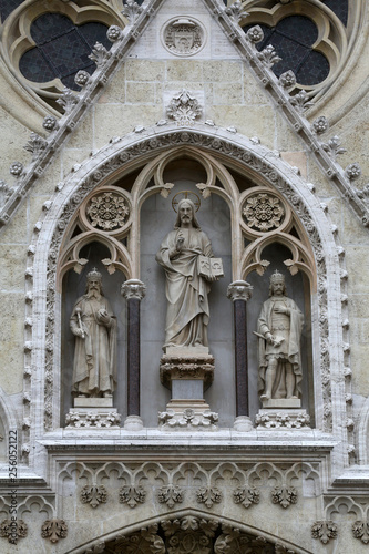 Jesus Christ surrounded by saints Stephen the King and St. Ladislaus, portal of the cathedral in Zagreb, Croatia