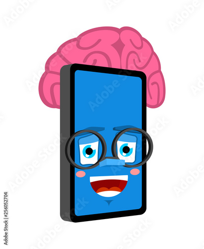 Phone with brains isolated. Brain in Smartphone Cartoon Style. Gadget brainy Vector