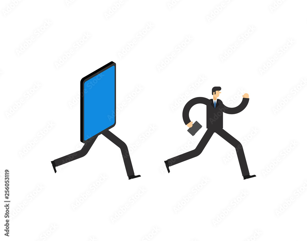 Businessman run away smartphone. Man go Offline. Concept stop online. Escape from internet Businessman run away smartphone. Man go Offline. Concept stop online. Escape from internet