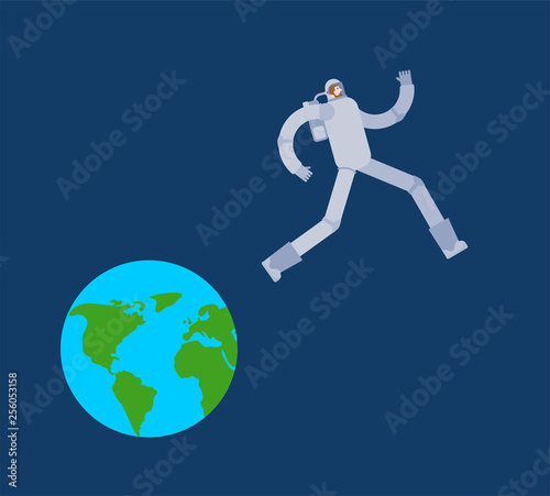 Astronaut run away Earth. Spaceman escapes from planet. cosmonaut run off land