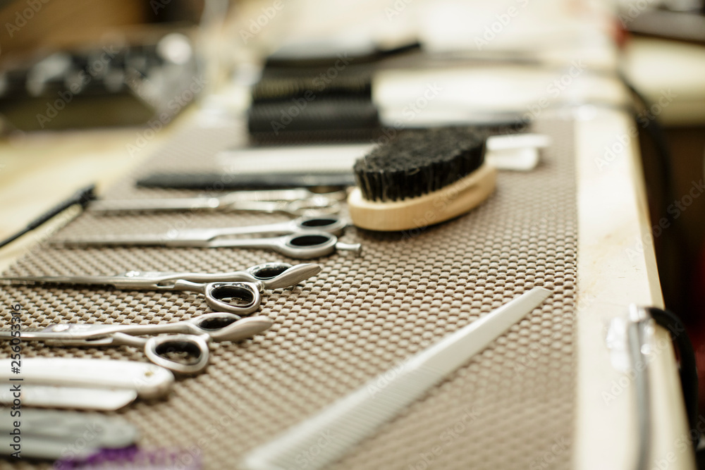 Barber's tools organized on table Barber's tools organized on table