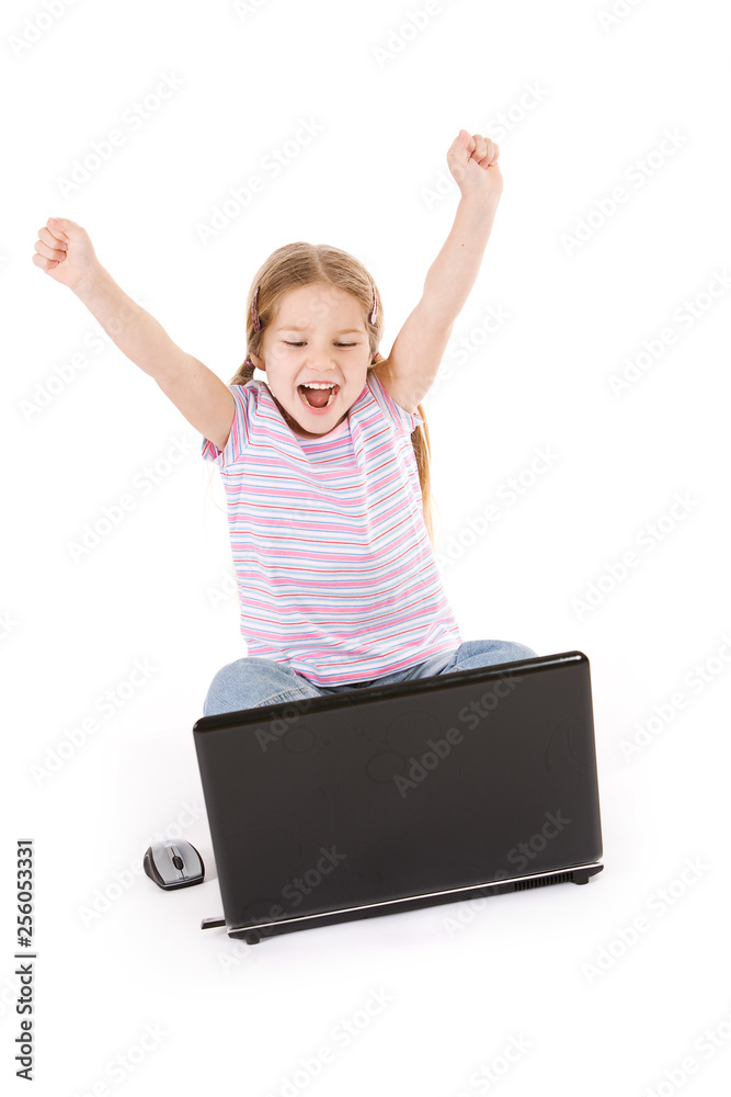 Computer: Girl Excited And Cheering While Using Laptop Computer: Girl Excited And Cheering While Using Laptop