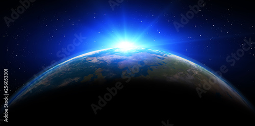 Fototapeta Naklejka Na Ścianę i Meble -  Planet earth with blue sunrise, view of earth from space