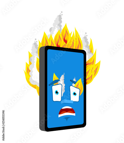 Phone Fire isolated. burning Smartphone Cartoon Style. Gadget panicked Vector