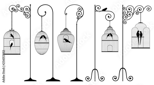 Vector set of outline, antique, bird cages with stands and domestic birds in black color on white background. 