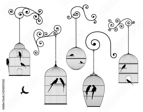 Vector set of outline, antique, hanging bird cages and domestic birds in black color on white background.