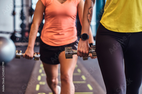 Close-up on a hands with dumbbells. Two fitness girls in sportswear doing lunges with dumbbells in the modern gym. Health, diet, sport