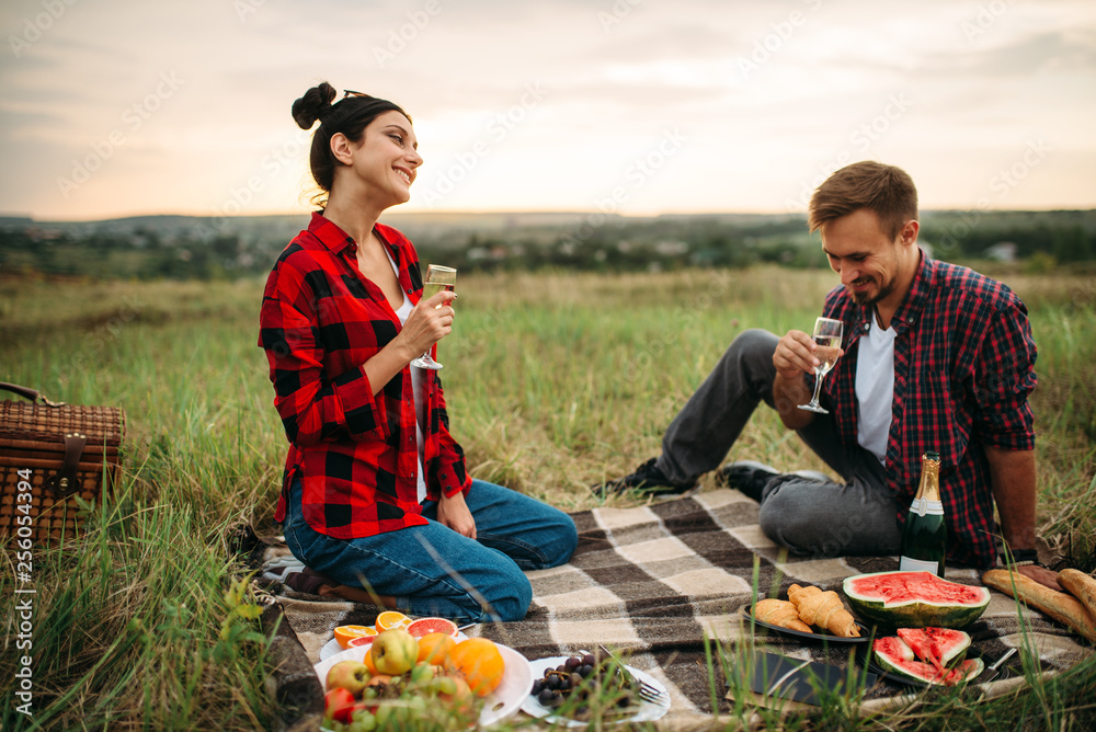 Obraz premium Love couple drinks wine, picnic on the meadow