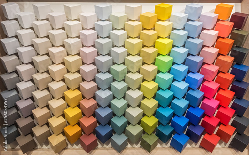 Color palette. Display with colored paint pantones for interior decoration. Multicolored square cube bars painted with paints of all colors