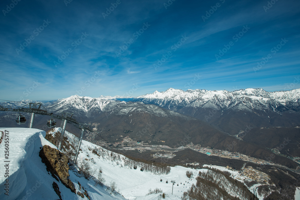 A ski slope in the mountains of the ski resort of Rosa Khutor. Sochi, Krasnaya Polyana, Krasnodar Territory, Russia
