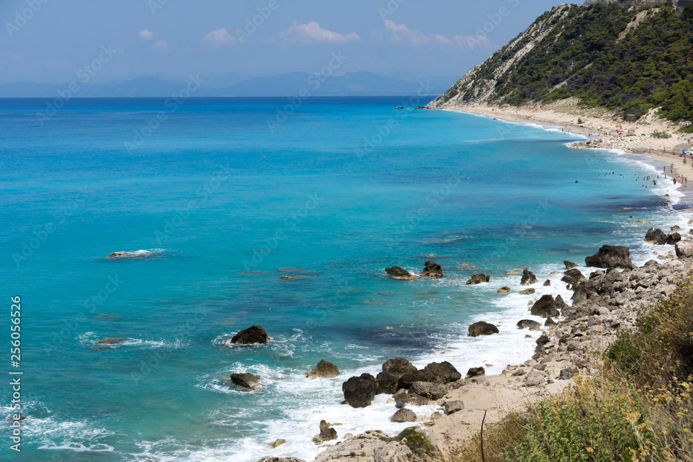 Seascape of Kokkinos Vrachos Beach with blue waters, Lefkada, Ionian Islands, Greece