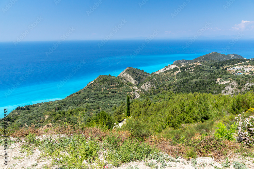 Panoramic landscape with blue waters, Lefkada, Ionian Islands, Greece
