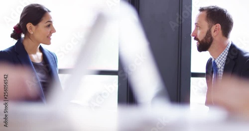 4K Smiling businesswoman giving relaxed informal interview to job candidate