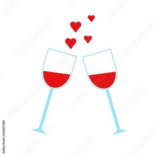 Two Glasses with Wine flat Icon. Happy Valentine Day and Love Symbol. Vector illustration.