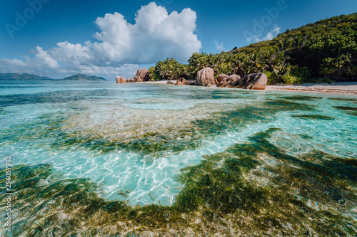 Famous tropical beach Anse Source d'Argent with granite boulders, La Digue Island, Seychelles