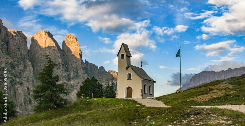 Italy beauty, Dolomites, church on Passo de Gardena