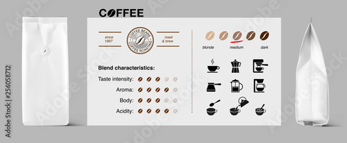 Set of icons and packages. Set for the presentation of your product. Ready set of templates. Suitable brewing methods. Can be used on packaging, advertising, promo, etc. EPS10.