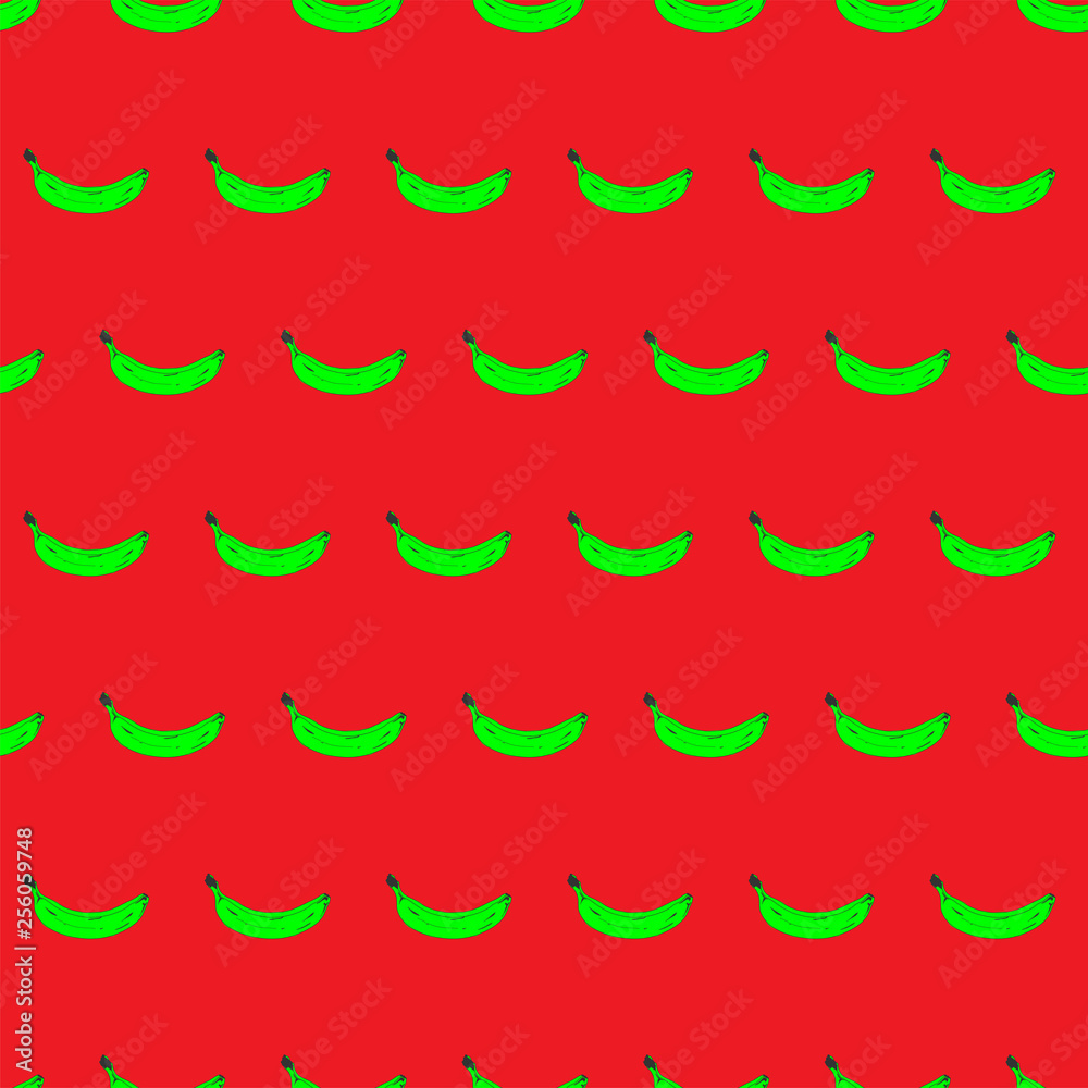 Seamless pop art banana pattern randomly distributed on color background. Vector Illustration.