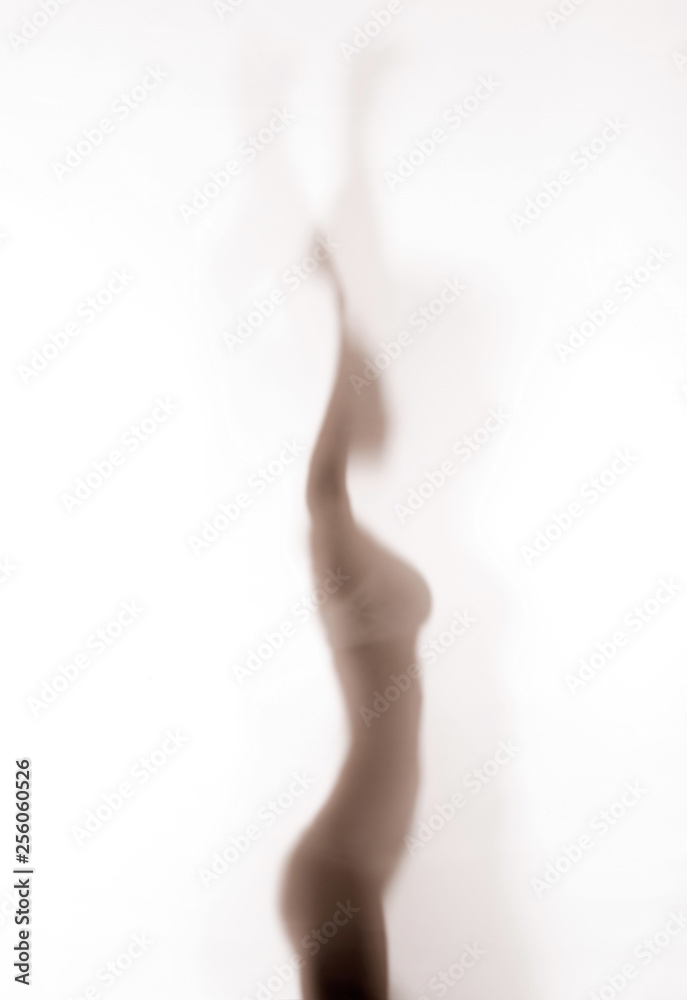 Silhouette of woman dancing behind a glass door