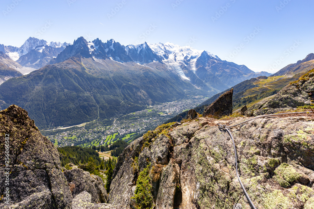 Mont Blanc mountain Chamonix village tvalley view.